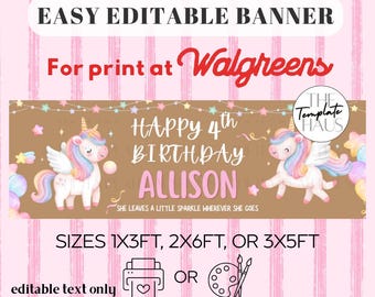 Unicorn Birthday Banner | Pastel Rainbow Party Decor | Editable Canva Template (Digital Download)