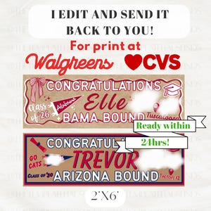 Peut inclure: Deux bannières de remise de diplôme rectangulaires mesurant 2'x6'. La bannière supérieure présente un texte rouge CONGRATULATIONS, Elle, et BAMA BOUND avec une toque et un fanion. La bannière inférieure présente un texte bleu CONGRATULATIONS, TREVOR, et ARIZONA BOUND.