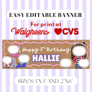 Puede incluir: Una pancarta de cumpleaños editable con el texto 'Happy 3rd Birthday HALLIE' y personajes de dibujos animados sobre un fondo marrón. La pancarta incluye el texto 'EASY EDITABLE BANNER', 'For print at Walgreens CVS' y 'SIZES: 1'X3' AND 2'X6'.'
