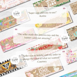Pu&ograve; includere: Una collezione di modelli di banner digitali rettangolari con vari temi, tra cui compleanni, lauree e celebrazioni. Ogni design incorpora grafiche colorate, segnaposto per il testo ed elementi decorativi come torte, fiori e frutta.