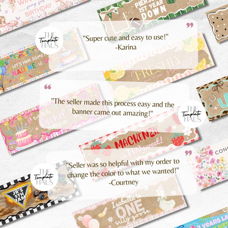 Pu&ograve; includere: Una collezione di modelli di banner digitali rettangolari con vari temi, tra cui compleanni, lauree e celebrazioni. Ogni design incorpora grafiche colorate, segnaposto per il testo ed elementi decorativi come torte, fiori e frutta.