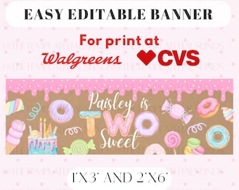 Two Sweet Birthday Banner, Pastel Candy Party Decor, Editable Girl 2nd Birthday (Digital Download)