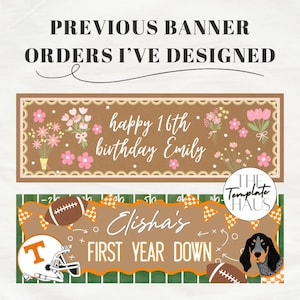 Pu&ograve; includere: Due striscioni rettangolari con il testo PREVIOUS BANNER ORDERS I'VE DESIGNED. Lo striscione superiore &egrave; marrone con fiori rosa e il testo happy 16th birthday Emily. Lo striscione inferiore presenta un tema di football americano.