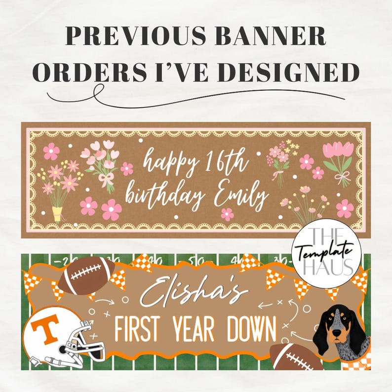 Pu&ograve; includere: Due striscioni rettangolari con il testo PREVIOUS BANNER ORDERS I'VE DESIGNED. Lo striscione superiore &egrave; marrone con fiori rosa e il testo happy 16th birthday Emily. Lo striscione inferiore presenta un tema di football americano.