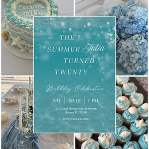Puede incluir: Un collage con un pastel en forma de corazón con la inscripción "team mike", cupcakes, hortensias azules y una mesa puesta. La invitación dice "The Summer Julia Turned Twenty Birthday Celebration".