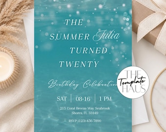 Invitación de cumpleaños con temática costera "El verano en que me convertí en playero": Plantilla de Canva para fiesta en la playa (Descarga digital de 5 x 7 pulgadas)