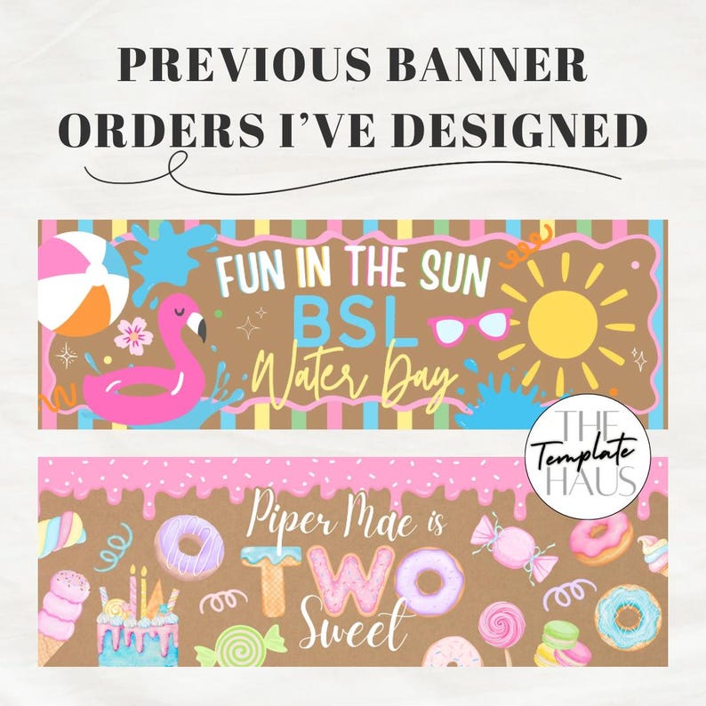 Pu&ograve; includere: Un display digitale che mostra due design di banner personalizzati. Il banner superiore presenta un tema da spiaggia con un fenicottero, un pallone da spiaggia e un sole, con la scritta "FUN IN THE SUN BSL Water Day". Il banner inferiore ha un tema a ciambelle, con la scritta "Piper Mae is TWO Sweet".