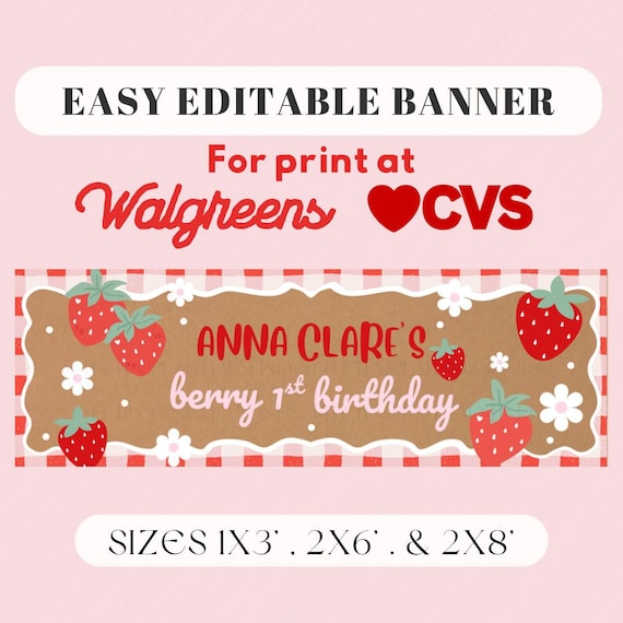 Strawberry Berry First Birthday Banner, Gingham Sweet One Party Decor (Digital Download)