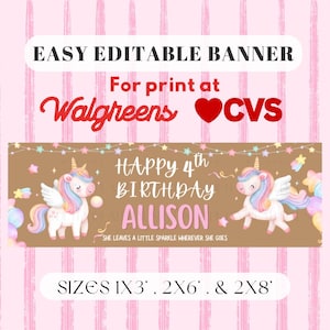 May include: A brown rectangular birthday banner featuring two white unicorns with colorful manes and wings. The text reads HAPPY 4th BIRTHDAY ALLISON and SHE LEAVES A LITTLE SPARKLE WHEREVER SHE GOES. The banner includes sizes 1x3, 2x6, and 2x8 inches.