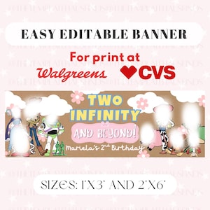 Może przedstawiać: Łatwy do edycji baner z tekstem "TWO INFINITY AND BEYOND!" i "Mariela's 2nd Birthday". Baner przeznaczony do druku w Walgreens i CVS. Dostępne rozmiary to 0,91m x 0,91m i 0,61m x 1,83m.