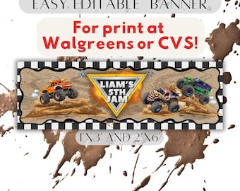 Striscione di compleanno a tema Monster Truck / Decorazioni per feste a tema camion / Stampabile e modificabile (Download digitale)