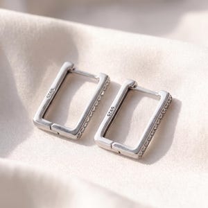 May include: A pair of rectangular silver hoop earrings featuring a hinged closure and a row of small clear stones along the outer edge. Each earring is stamped with the text S925 on the side, indicating the sterling silver composition.