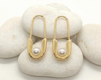 Gold Hoop Earrings With Pearl, Safety Pin, Elegant Jewellery For Woman, Women's Accessory, Fashion Design, Dainty Style, Gift For Her