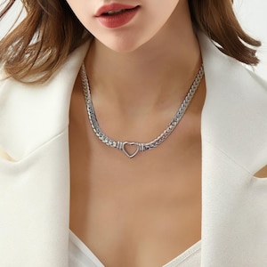 Chunky Cuban Chain Heart Pendant Necklace: Silver Statement Jewelry