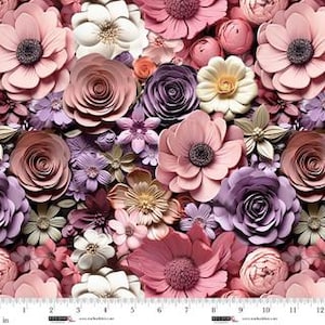 May include: A fabric with a dense floral pattern. The design features a variety of paper flowers in shades of pink, purple, white, and peach. The flowers vary in size and style, including roses and anemones. A ruler with inch measurements is at the bottom.