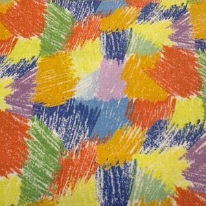 May include: A colorful fabric with a repeating pattern of abstract brushstrokes. The design features a mix of bright colors including orange, yellow, green, blue, and purple, creating a vibrant and energetic look. The strokes are layered over a white background.