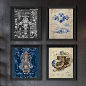 May include: Four framed prints featuring spaceship blueprints. The prints showcase detailed technical drawings in various color schemes, including black and white, blue, and orange. The artwork is displayed on a dark gray wall.