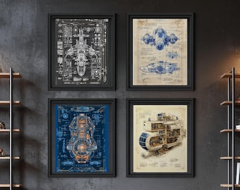Spaceship Blueprint Art | Sci-Fi Engineering Prints, Set of 4 (Digital Download)