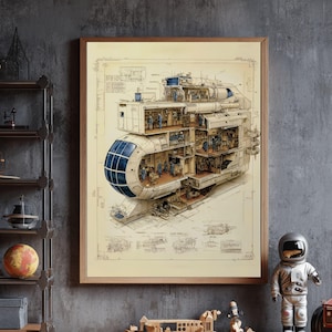 Może przedstawiać: Oprawiona ilustracja architektonicznego planu wnętrza futurystycznego statku kosmicznego. Widok przekrojowy ukazuje wiele poziomów ze szczegółowymi przedziałami i postaciami. Grafika jest w stylu vintage, z brązową drewnianą ramą.