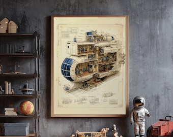 Spaceship Cutaway Blueprint Art Print – Sci-Fi Engineering (Digital Download)