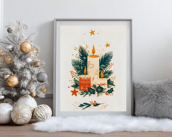 May include: Framed art print featuring a festive illustration of three lit candles surrounded by greenery and stars. The candles are white and orange, with yellow flames. The artwork is set against a cream background, evoking a holiday theme.