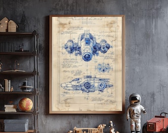 Spaceship Blueprint Art Print – Vintage Sci-Fi Aircraft, Engineering Decor (Digital Download)