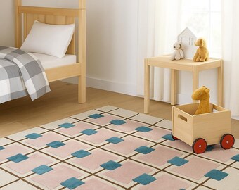 Geometric Patterned Area Rug in Pink and Teal  Square Motif Wool Blend Rug