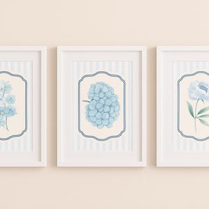 Impressões de parede com listras florais azuis - conjunto de 3