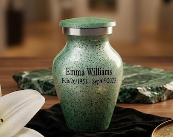 Urna funeraria pequeña de aluminio verde personalizada – Mini urna de recuerdo para cenizas, elegante homenaje conmemorativo