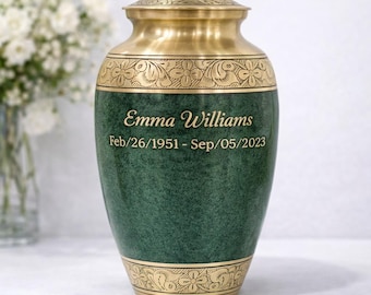Personalized  Cremation Urn for Human Ashes –Green & Gold Engraved Funeral Burial Urn – Adult Size