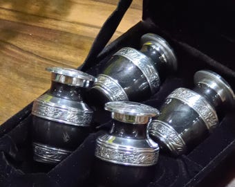 Small Cremation Urns for Human Ashes – Set of 4 Mini Keepsake Urns (Black & Silver)