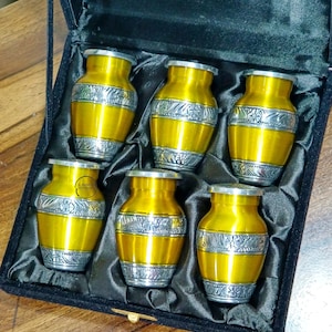 Small Cremation Urns for Human Ashes –Brass Set of 6 Mini Keepsake Urns Yellow