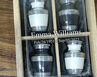 Set di 4 mini urne commemorative personalizzate per ceneri umane con scatola in legno.