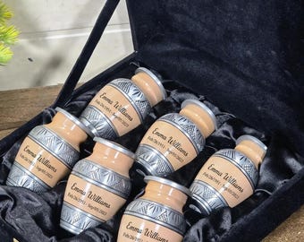 Personalized Handcrafted Mini Urns (Set of 6) – Engraved Metal Memorial Ash Holders with Case