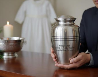 Personalized Brass Cremation Urn – Elegant Silver &  Black Bands  Memorial Urn with Velvet Bag