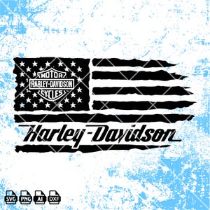 Peut inclure: Un motif graphique noir représentant un drapeau américain vieilli avec le logo en forme de bouclier Harley-Davidson Motor Cycles dans le canton. Le texte Harley-Davidson est écrit en police cursive grasse sous le drapeau. Quatre icônes de format sont en bas.