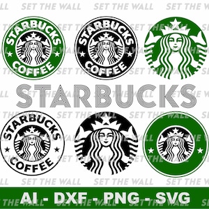 以下が含まれることがあります： 緑と黒のスターバックスのロゴグラフィックのコレクション。象徴的なセイレンのエンブレムが様々な円形や独立したスタイルで描かれています。STARBUCKSという文字は太いストライプのフォントで表示され、その下にAI、DXF、PNG、SVGというテキストがあります。