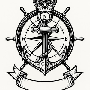 Peut inclure: Emblème nautique noir et blanc avec une ancre, un gouvernail, une boussole et une couronne. L'ancre est centrale, entourée d'une corde, et superposée à une rose des vents. Une bannière en bas offre de l'espace pour le texte. Le design est détaillé et vintage.