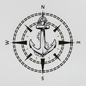 May include: Black and white nautical compass design featuring an anchor at the center, encircled by a dotted line and directional arrows. The compass points North, South, East, and West. A chain is wrapped around the anchor.