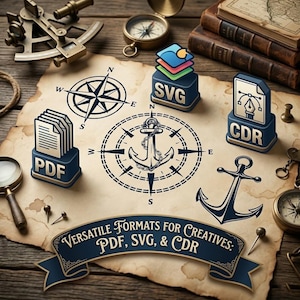 May include: A vintage parchment featuring nautical designs such as a compass rose, anchor, and file icons labelled PDF, SVG, and CDR. The banner reads "VERSATILE FORMATS FOR CREATIVES: PDF, SVG, & CDR". Several navigational instruments are also visible.