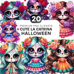 20+ süße Puppen La Catrina Clipart Bundle, Dia de Muertos Png, Tag der Toten Clipart, Mexikanische Png, Zuckerschädel Clipart, Blumen Png