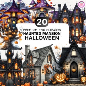 Plus de 20 cliparts aquarelle maison d'Halloween, maison hantée Png, clipart maison de fée citrouille, maison de sorcière Png, clipart gothique, horreur Png