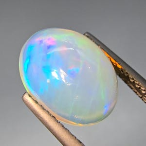 May include: An oval-shaped cabochon opal gemstone held by metal tweezers. The stone features a translucent white base with vibrant flashes of iridescent blue, green, and pink light reflecting across its smooth, polished, and domed surface.