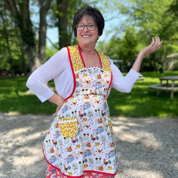 Farmhouse Country Retro Chicken Full Kitchen Apron for Women & Teens, 100% Cotton