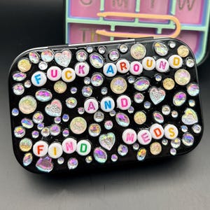 Altoid-style Decorated/Beaded Pill Organizer Tin with 7 day AM/PM Insert & Tweezer - Funny Medication Travel Case- Mental Health Gift