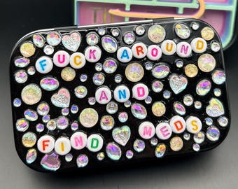 Altoid-style Decorated/Beaded Pill Organizer Tin with 7 day AM/PM Insert & Tweezer - Funny Medication Travel Case- Mental Health Gift
