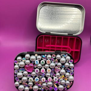 Altoid-style Decorated/Beaded Pill Organizer Tin with 7 day AM/PM Insert & Tweezer - Funny Medication Travel Case- Mental Health Gift