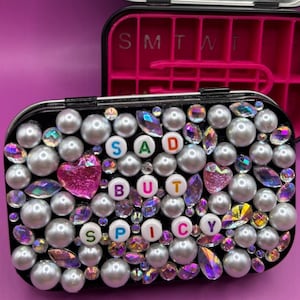 Altoid-style Decorated/Beaded Pill Organizer Tin with 7 day AM/PM Insert & Tweezer - Funny Medication Travel Case- Mental Health Gift