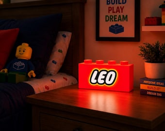 Lámpara de noche LED personalizada con nombre de ladrillo para pequeños constructores / Lámpara de ladrillos de construcción personalizada / Decoración para dormitorio infantil / Regalo ideal para aficionados a la tecnología