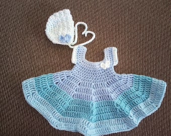 Baby Dress Hat Bonnet Butterfly Blue Frilly Preemie Newborn Handcrafted Crochet Special Occasion